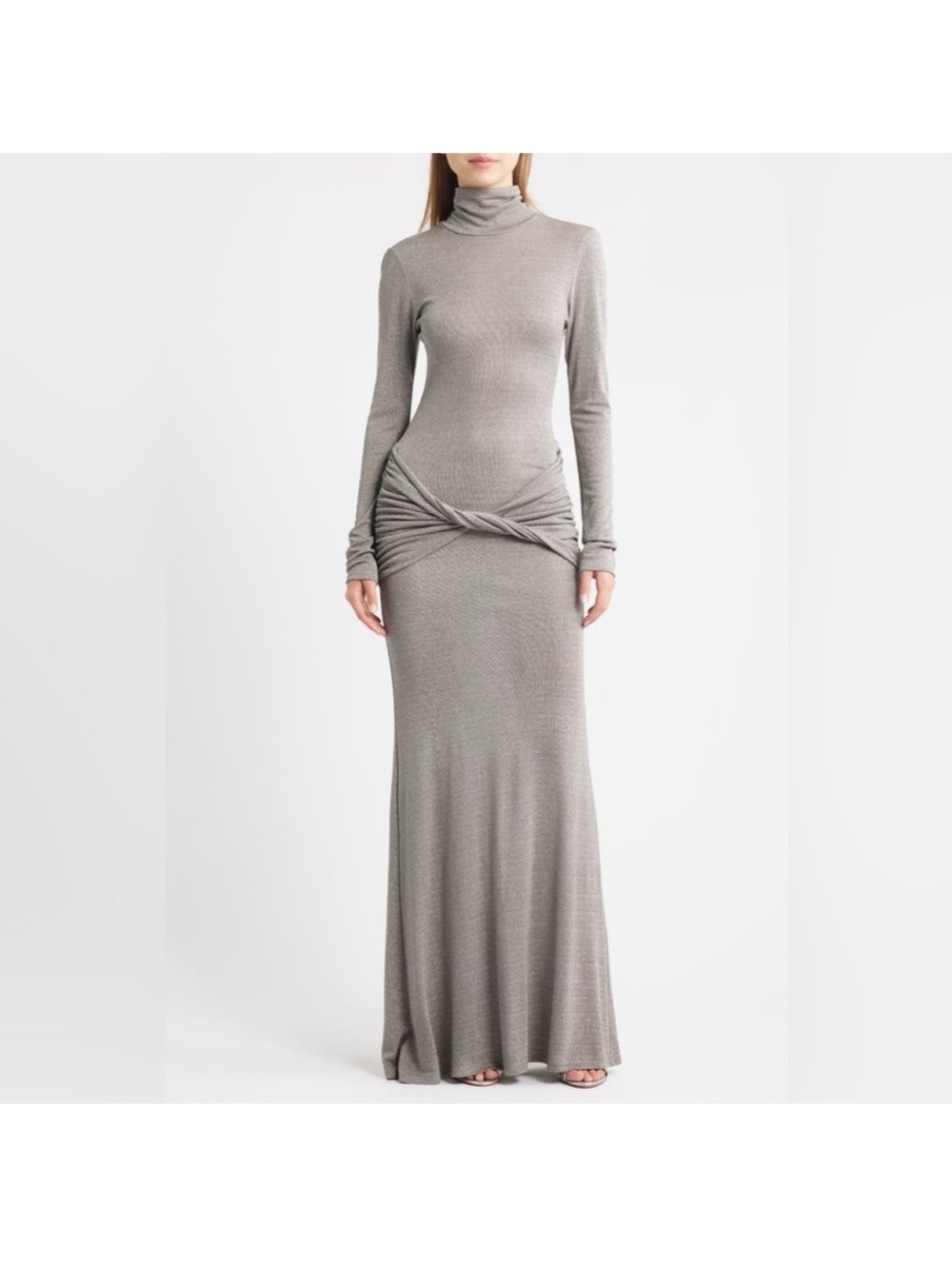 Turtleneck Long-Sleeve Maxi Dress with Twist Front - Gray
